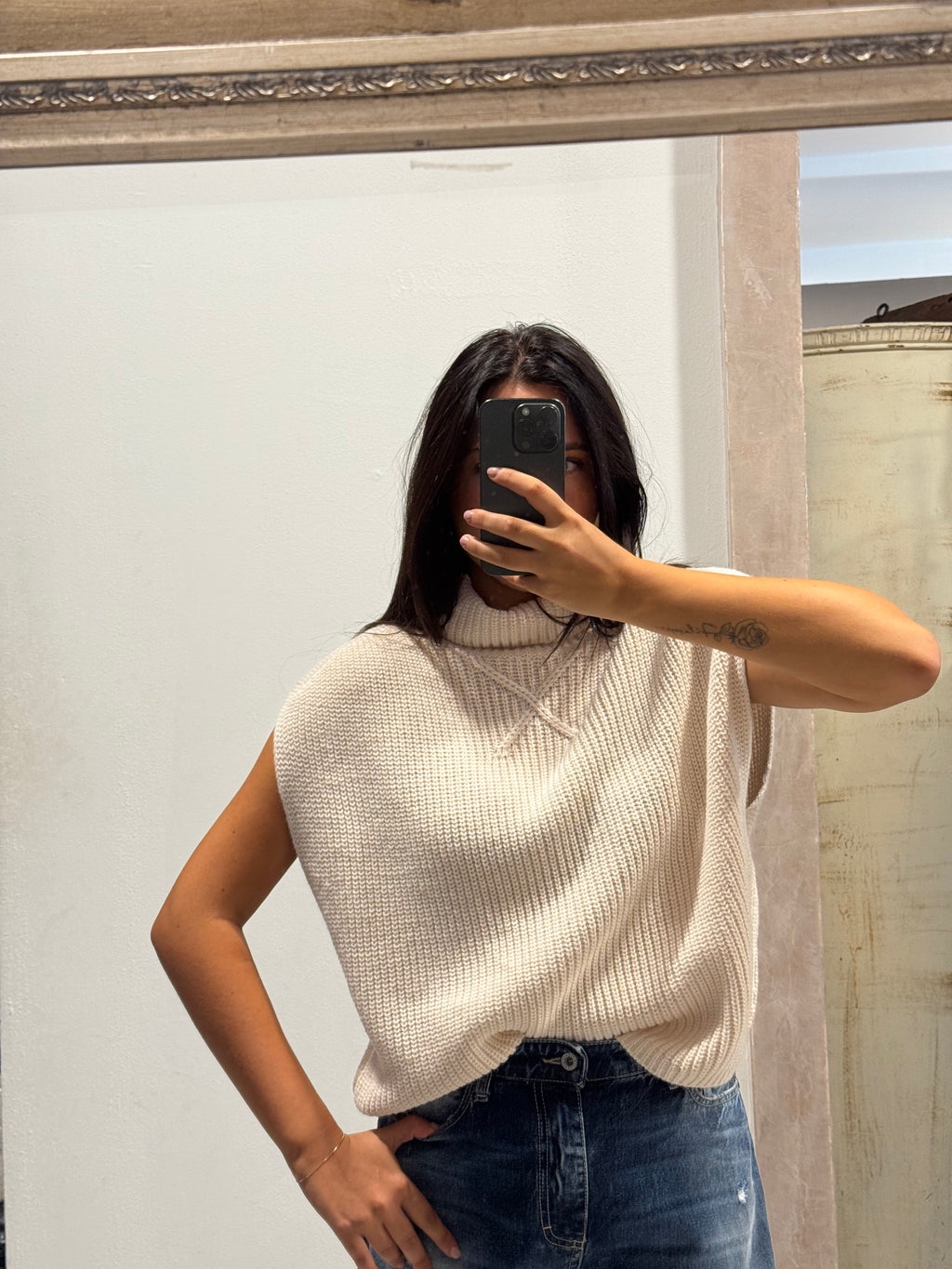 Maglione senza maniche a collo alto Please - Panna