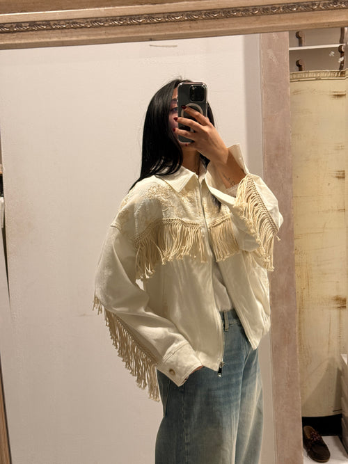 Bomber in denim bianco con ricami e frange - HaveOne