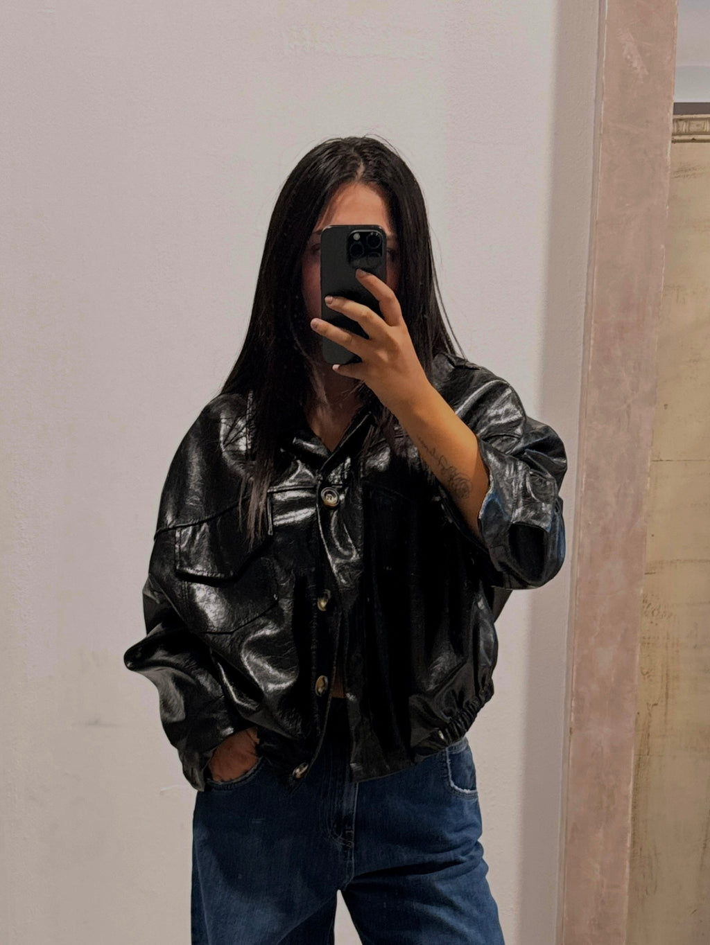 Bomber nero in ecopelle vernice HaveOne