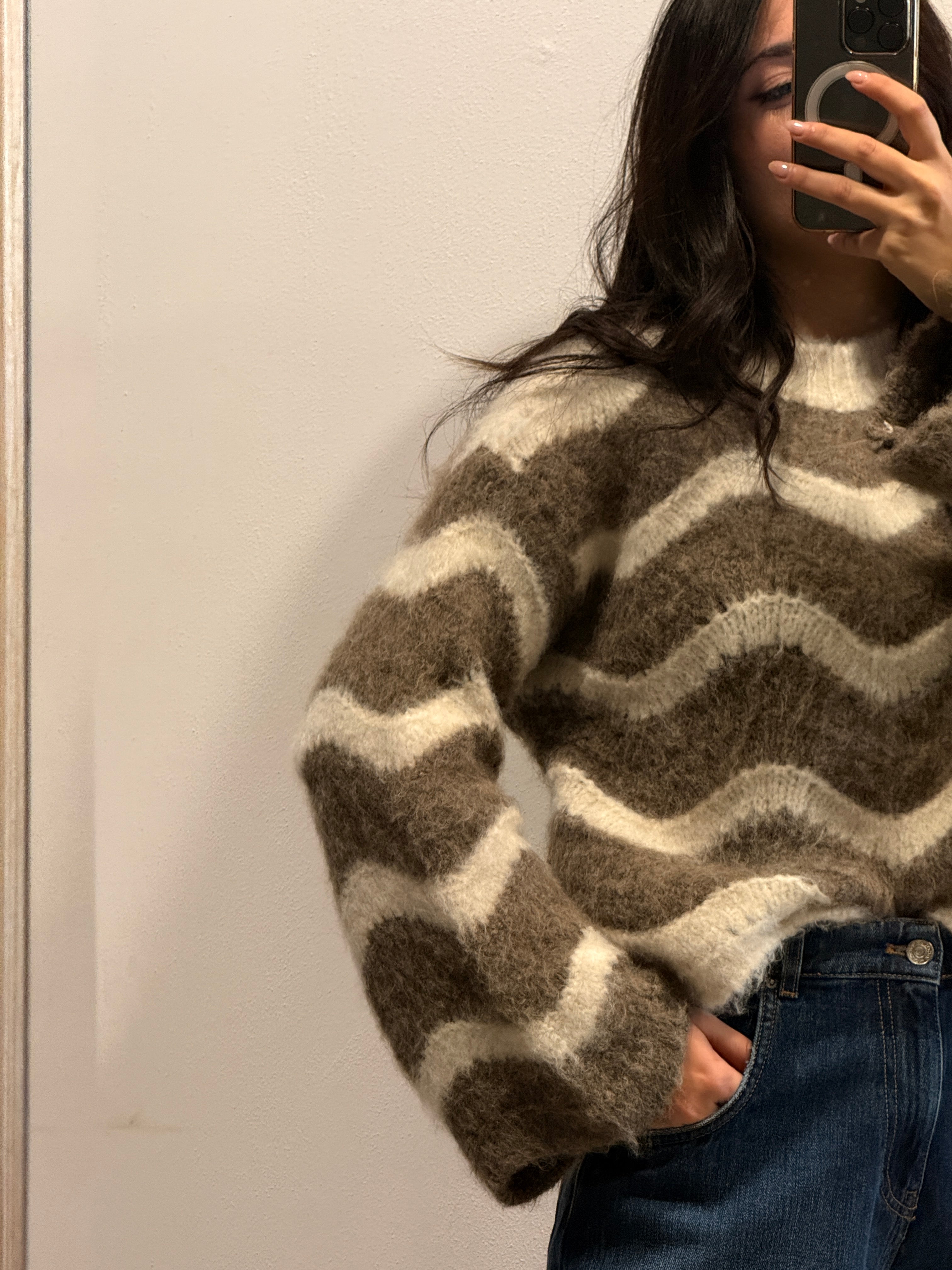 Maglia a righe ondulate panna e moka Please