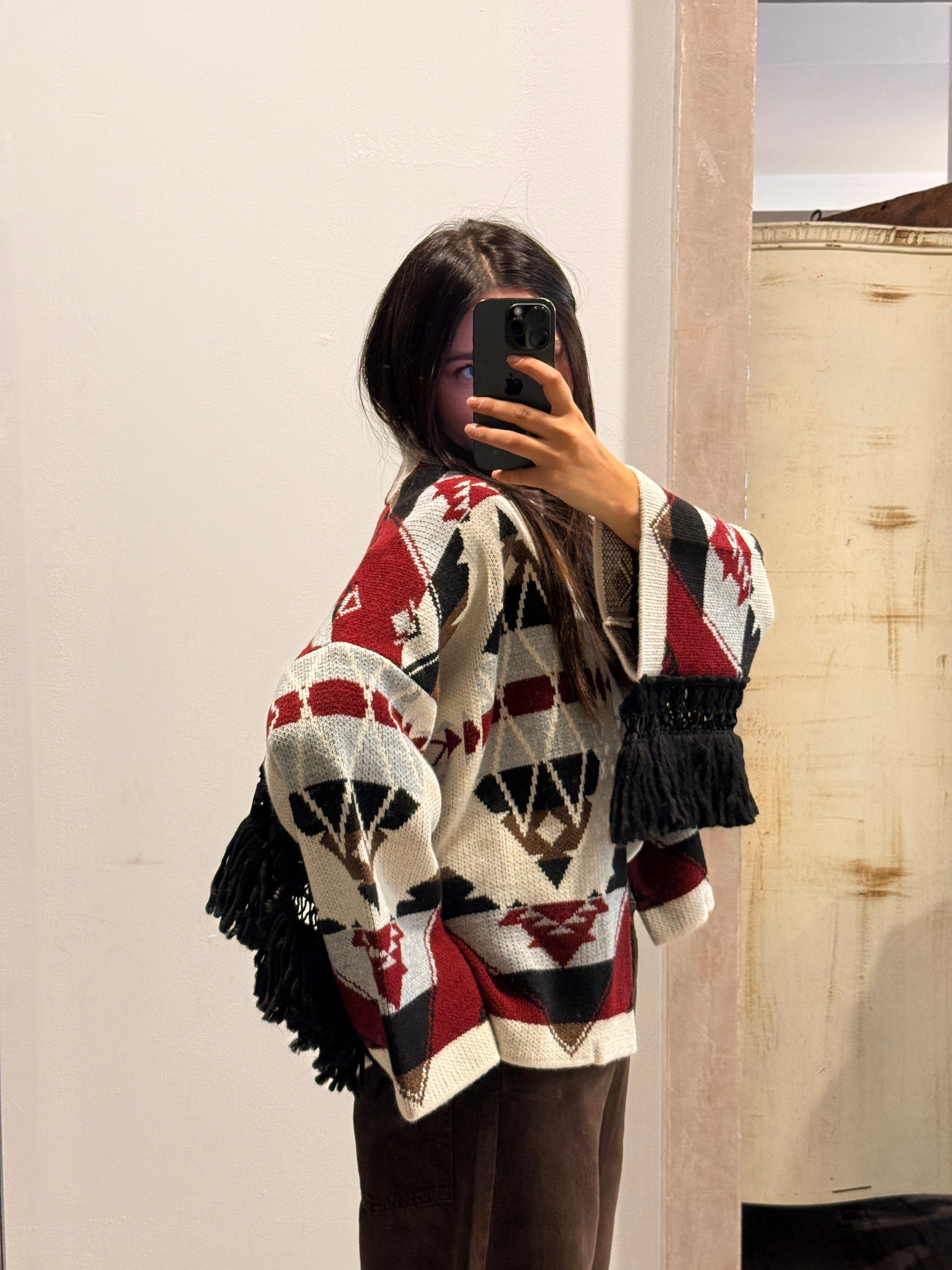 Cardigan motivo etnico con frange ViCOLO