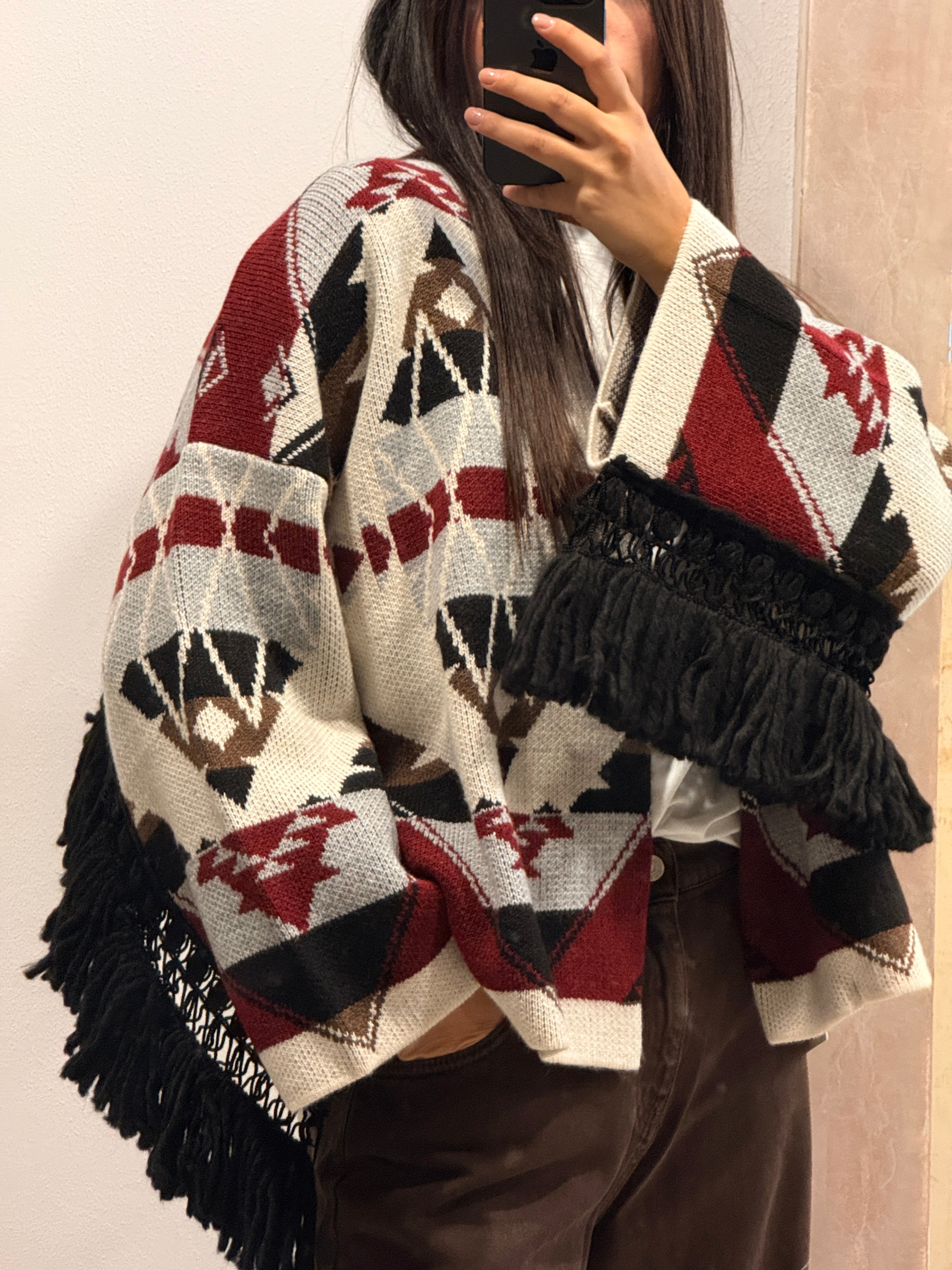 Cardigan motivo etnico con frange ViCOLO