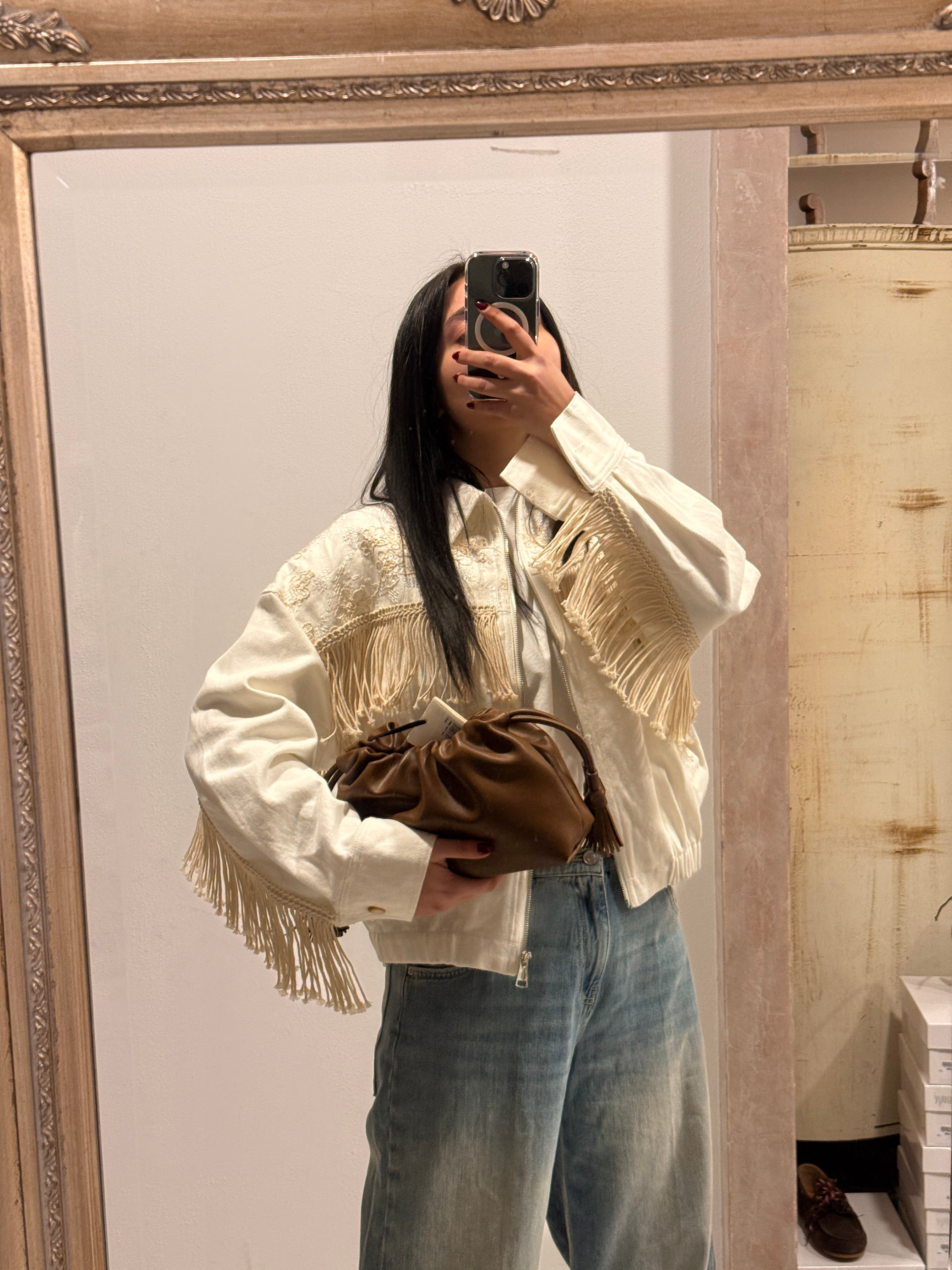 Bomber in denim bianco con ricami e frange - HaveOne