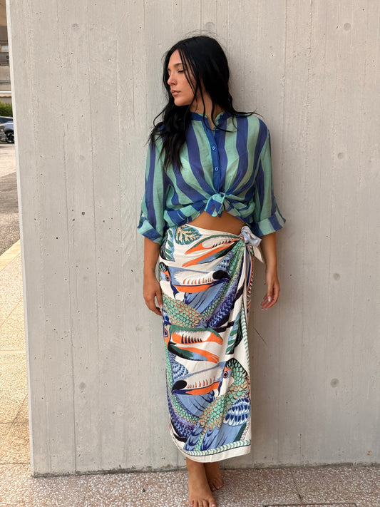 Gonna pareo lunga multicolore con stampa pesci e fiocco in vita