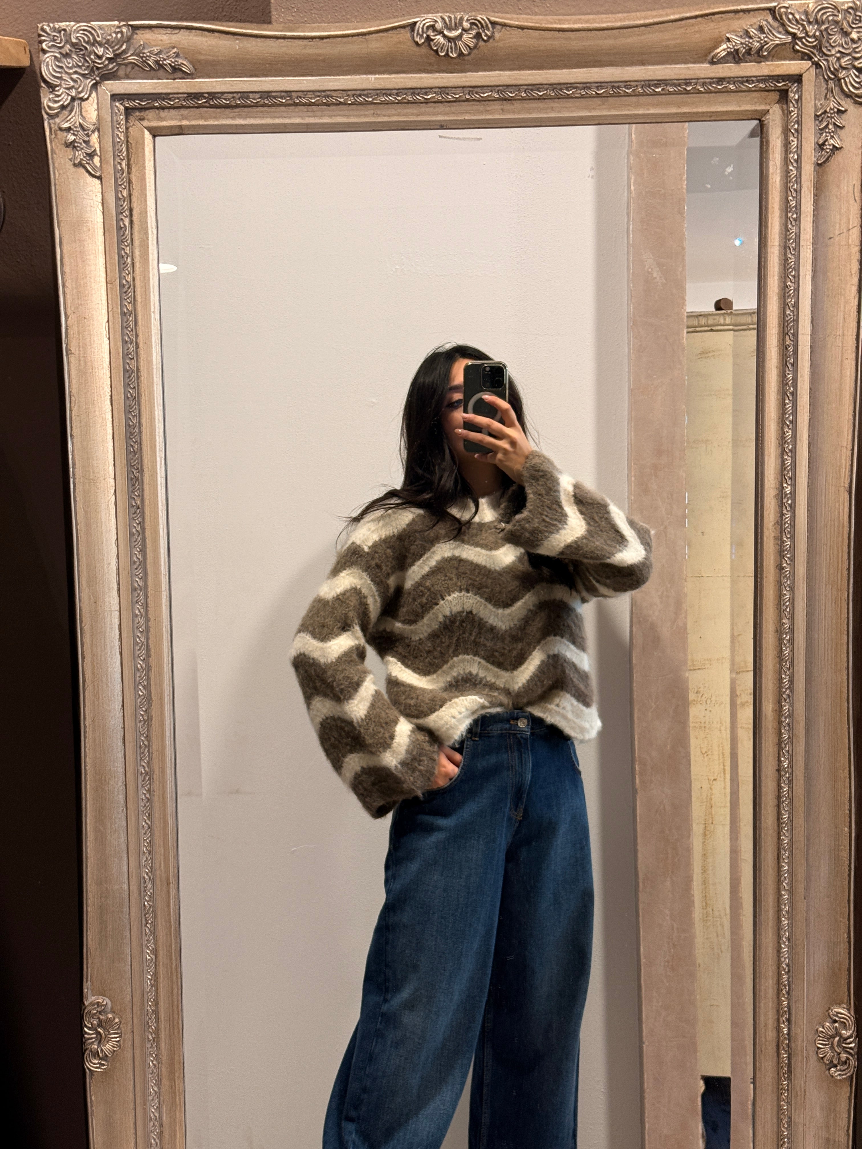 Maglia a righe ondulate panna e moka Please