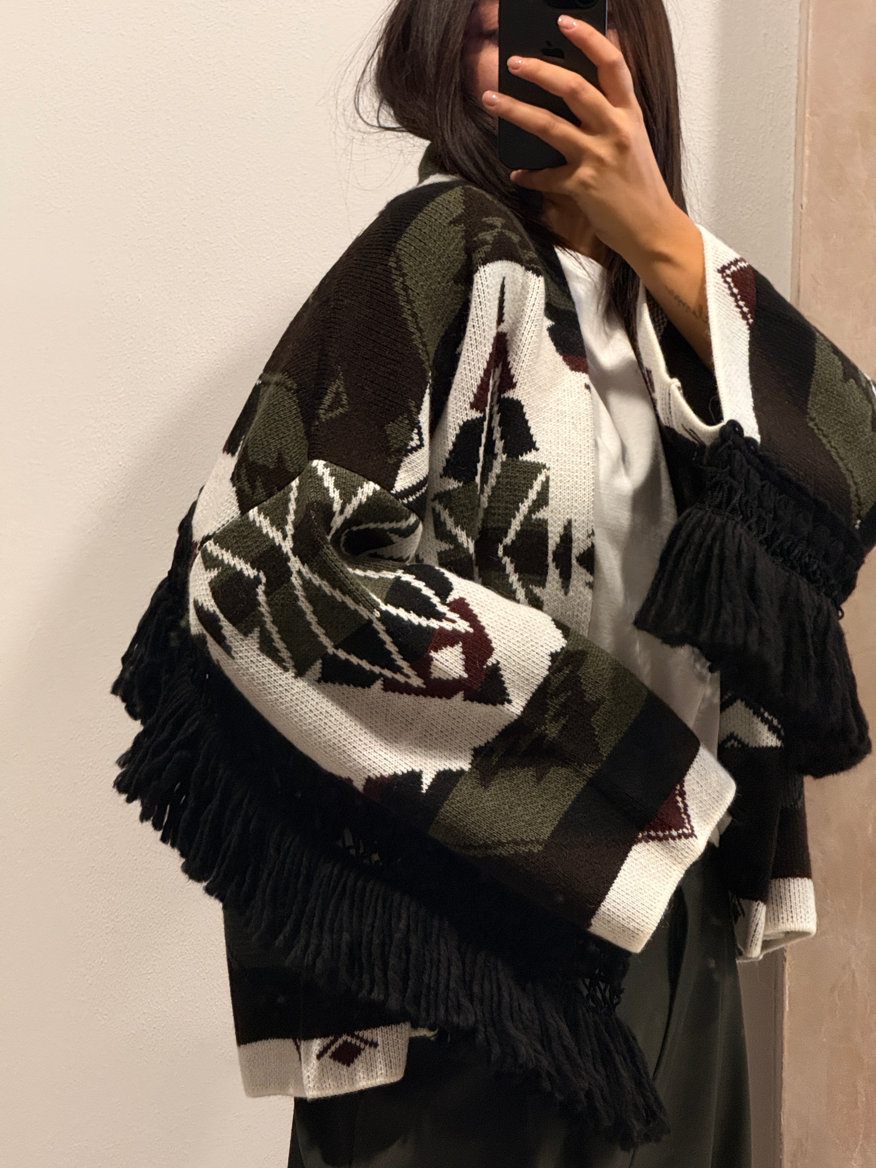 Cardigan motivo etnico con frange ViCOLO