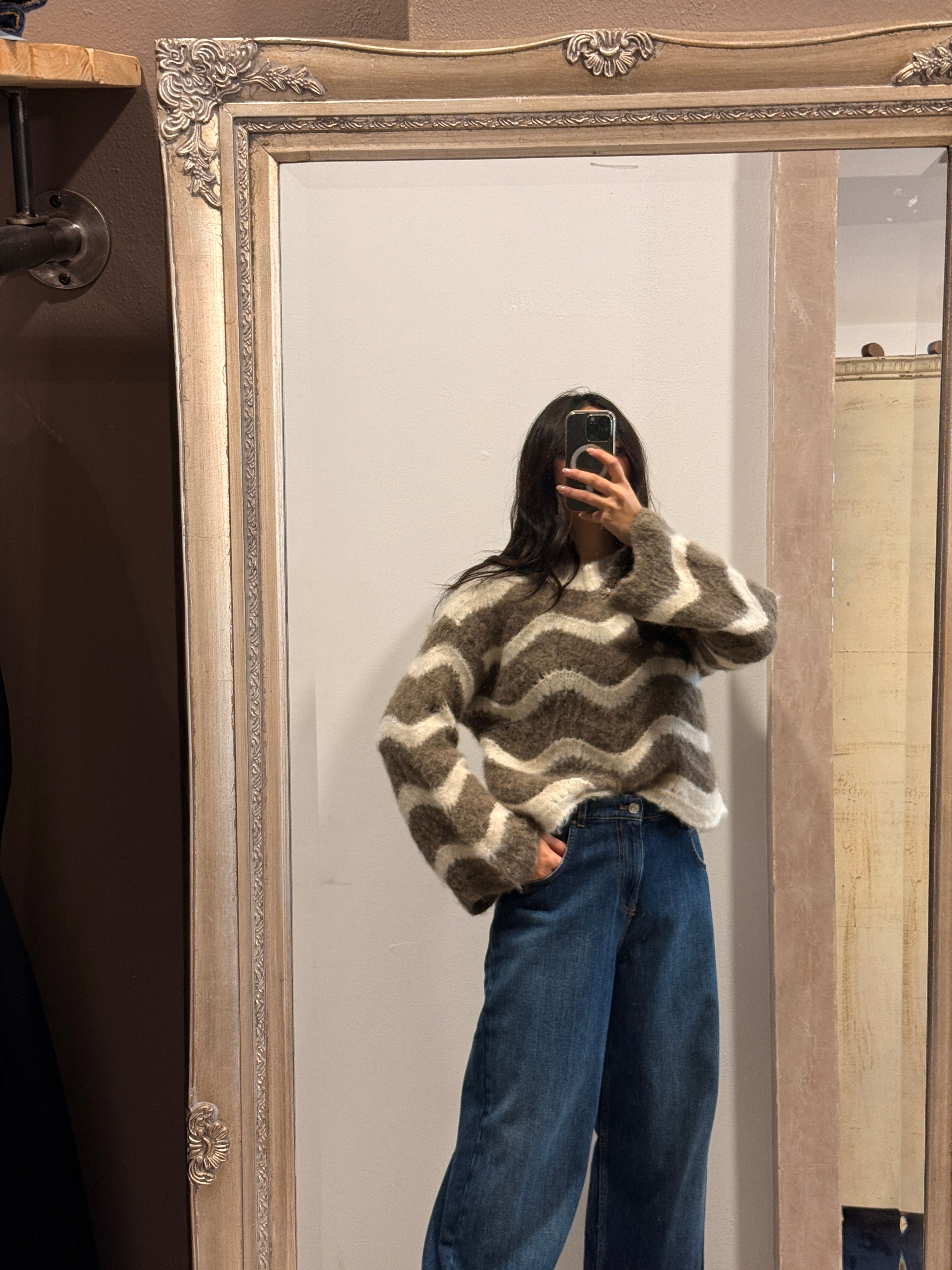 Maglia a righe ondulate panna e moka Please