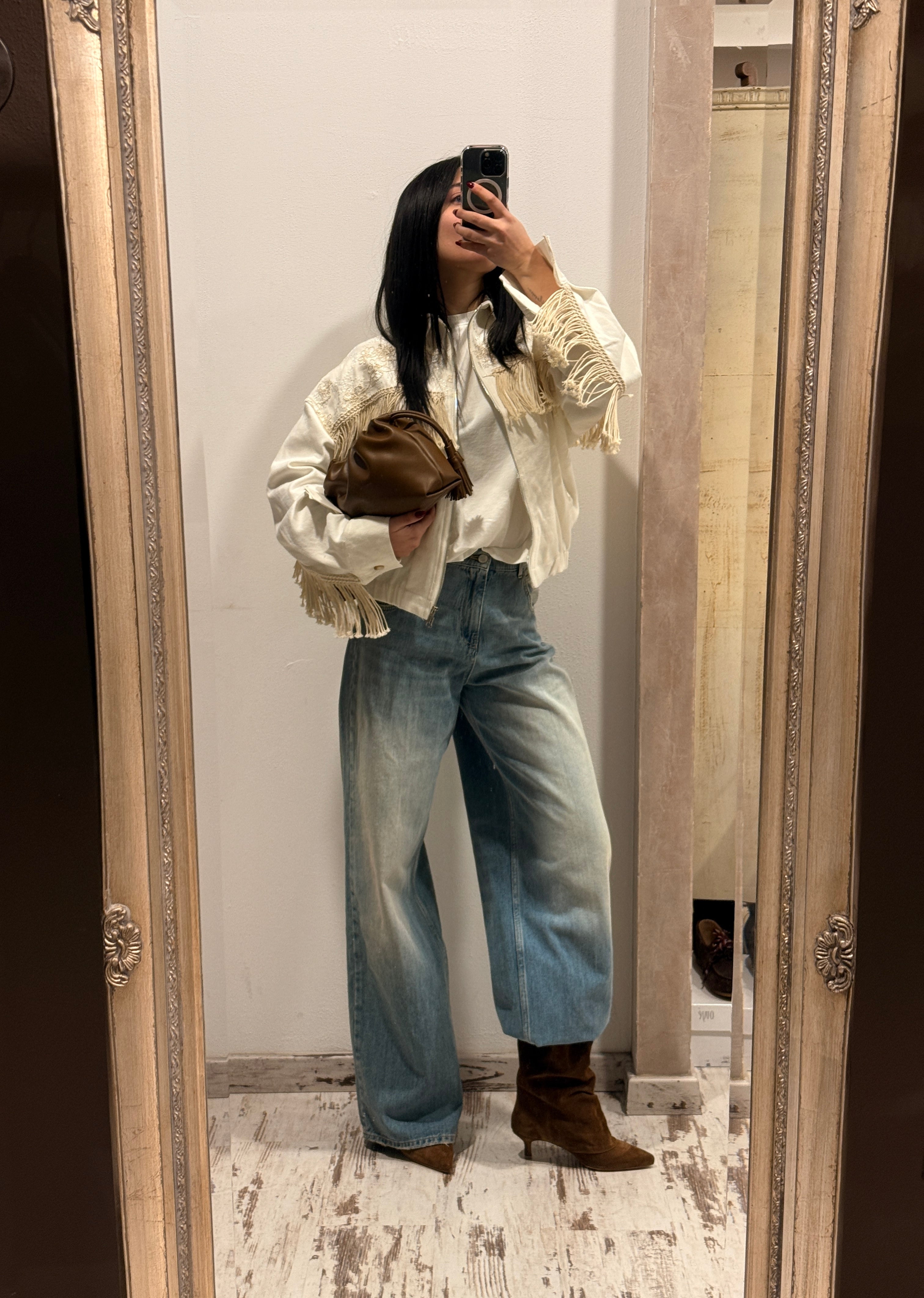 Bomber in denim bianco con ricami e frange - HaveOne