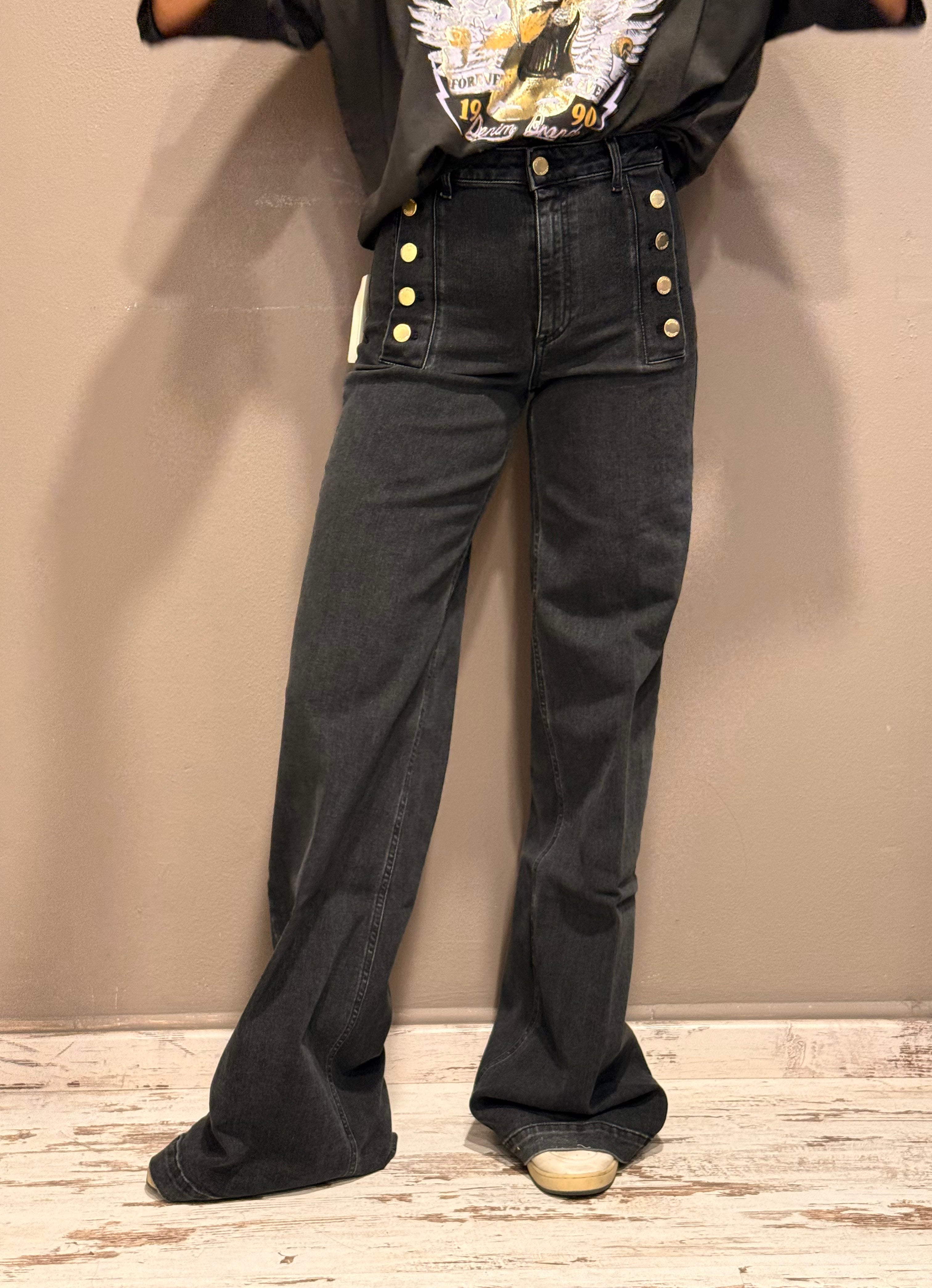 VICOLO - JEANS LARGO BOTTONI ORO - NERO