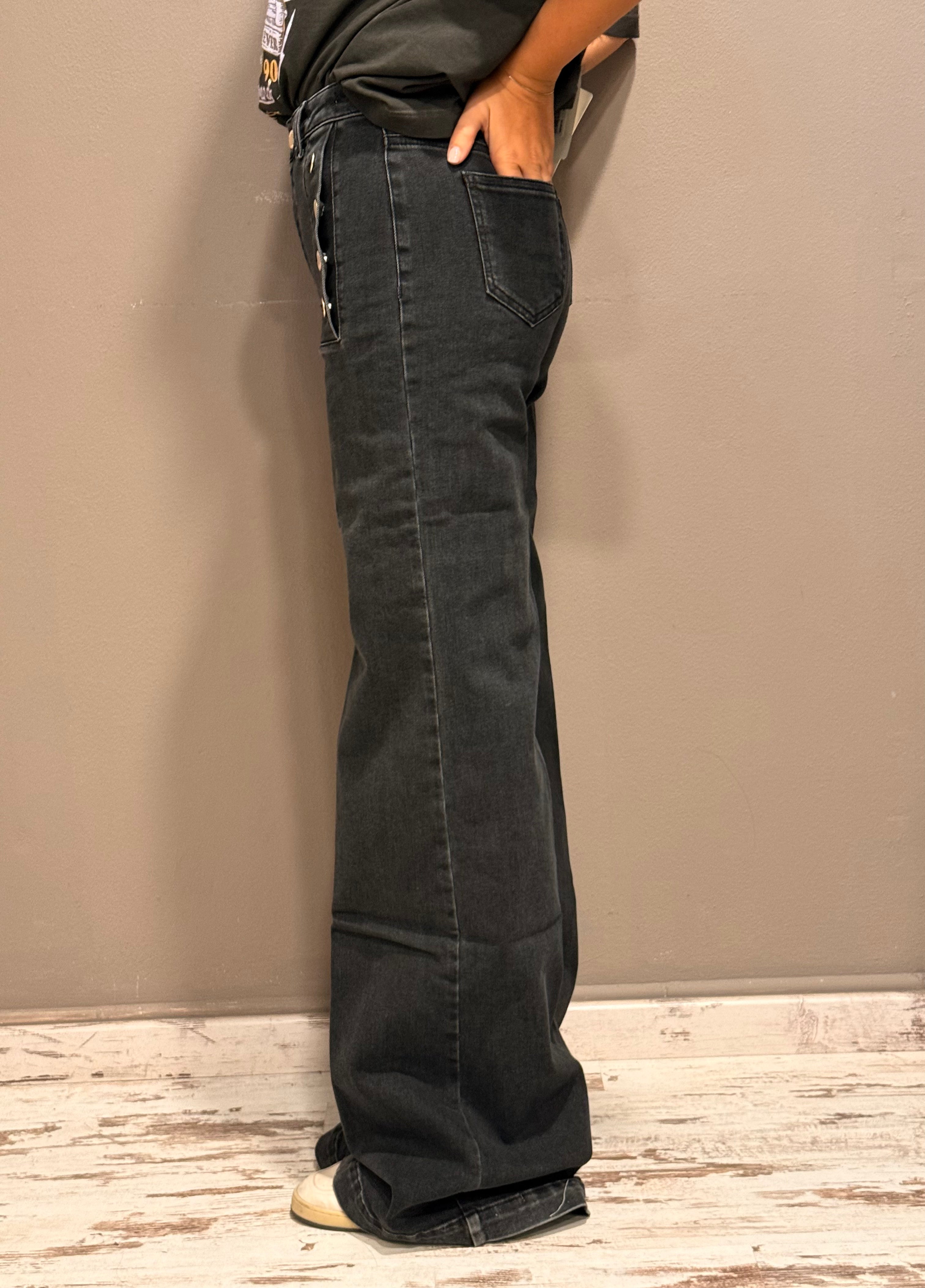 VICOLO - JEANS LARGO BOTTONI ORO - NERO