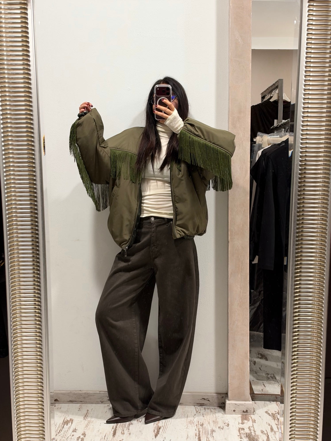 Bomber Tensione IN verde militare con frange