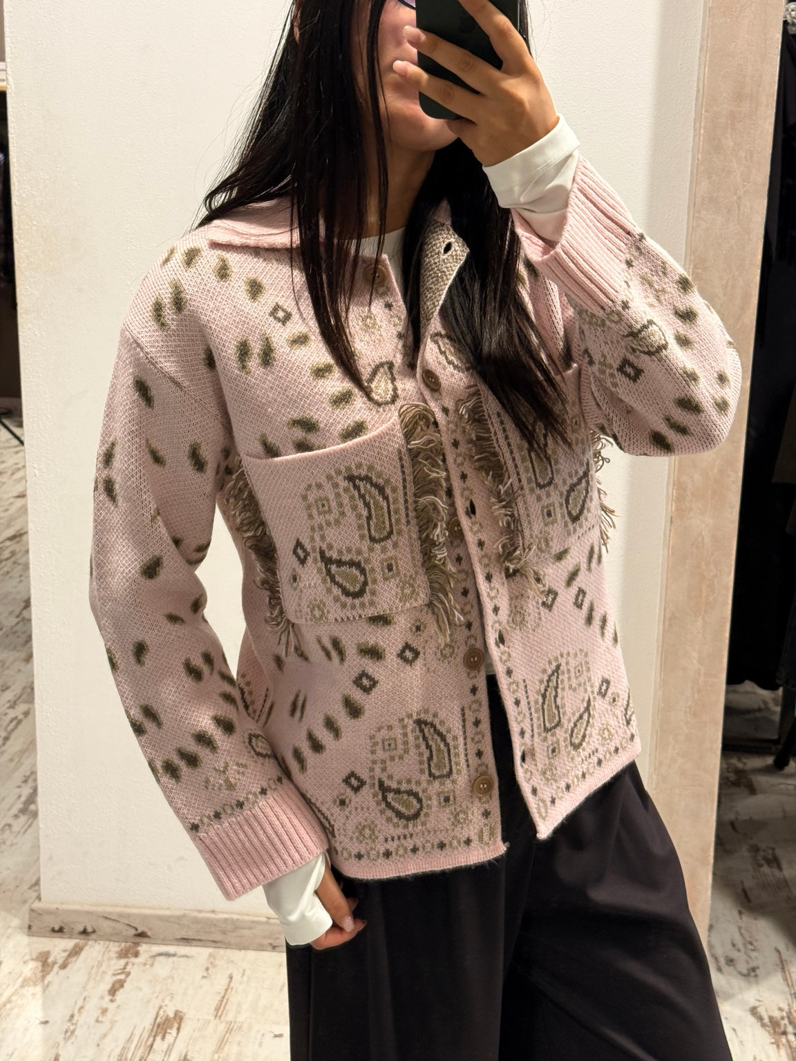 Cardigan bandana rosa con frange