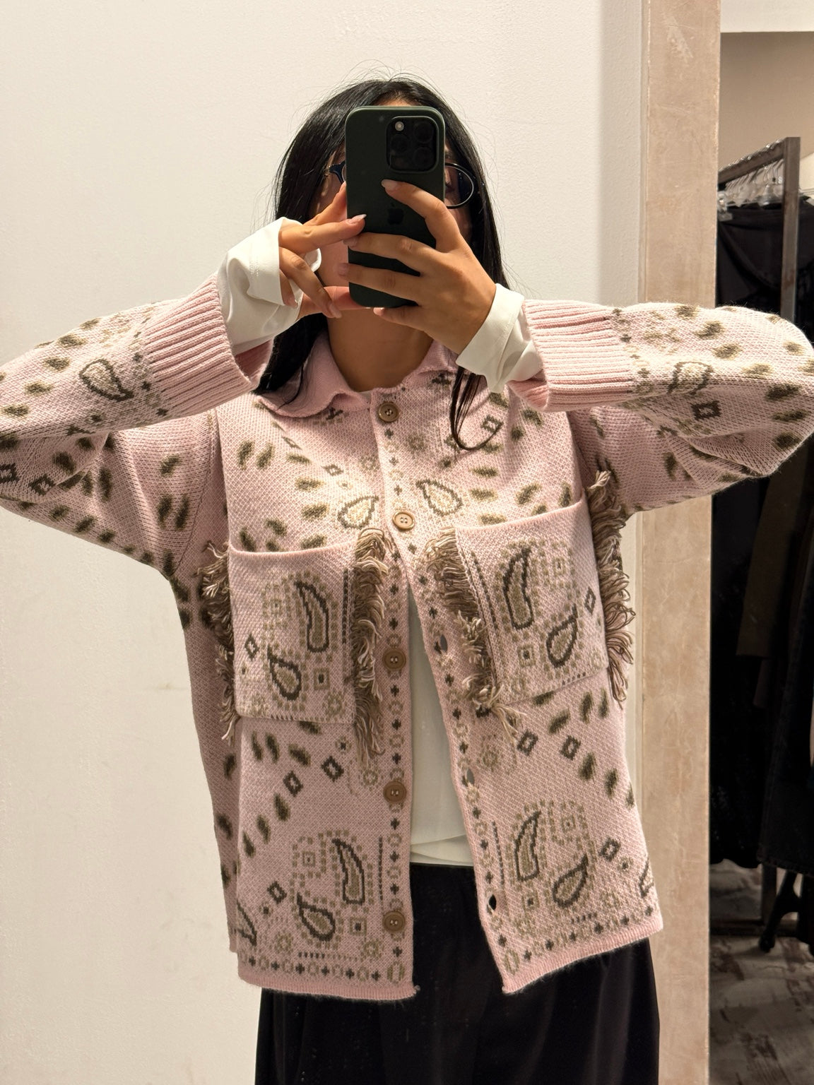 Cardigan bandana rosa dettaglio fantasia