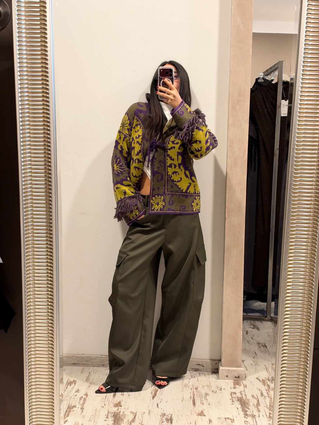 Cardigan Vicolo fantasia verde oliva viola e giallo