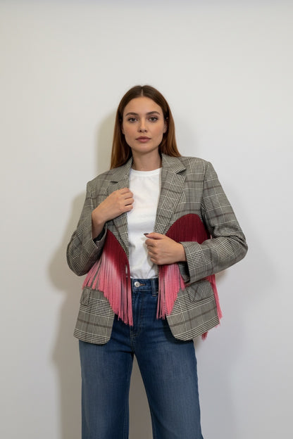 Giacca Haveone a quadri beige e rosso con frange – foto prodotto