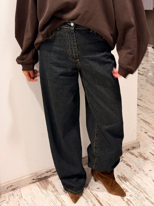 Pantaloni denim blu scuro a gamba ampia con cuciture e tasche anteriori