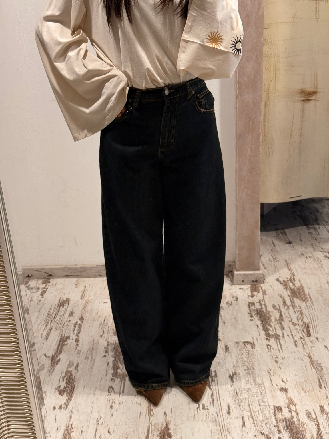Pantalone Bella HaveOne denim color Thè - look frontale